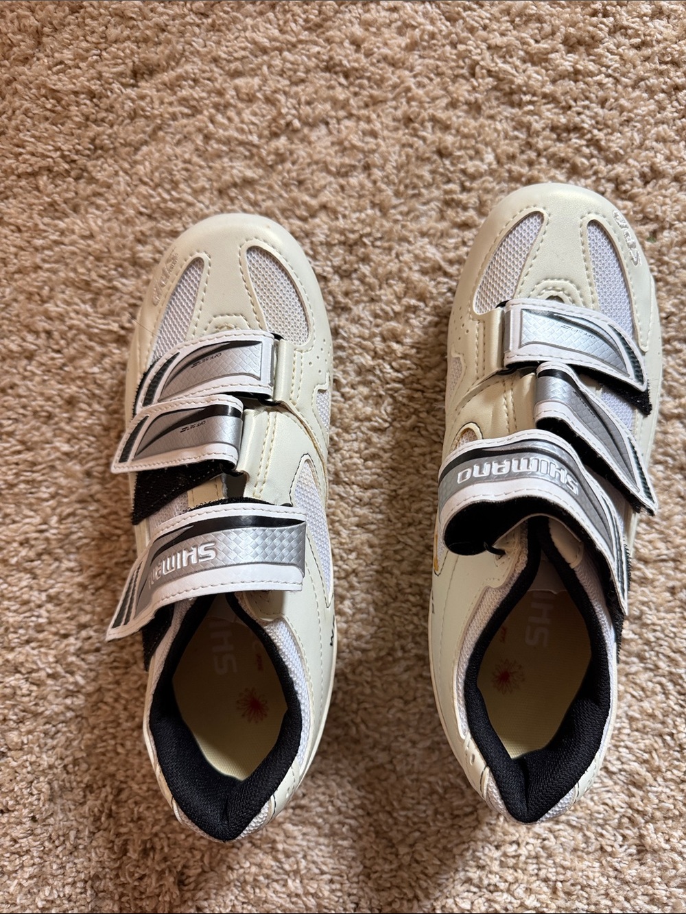 Shimano woman’s Cream and Silver Cycling Sneakers with Triple Straps